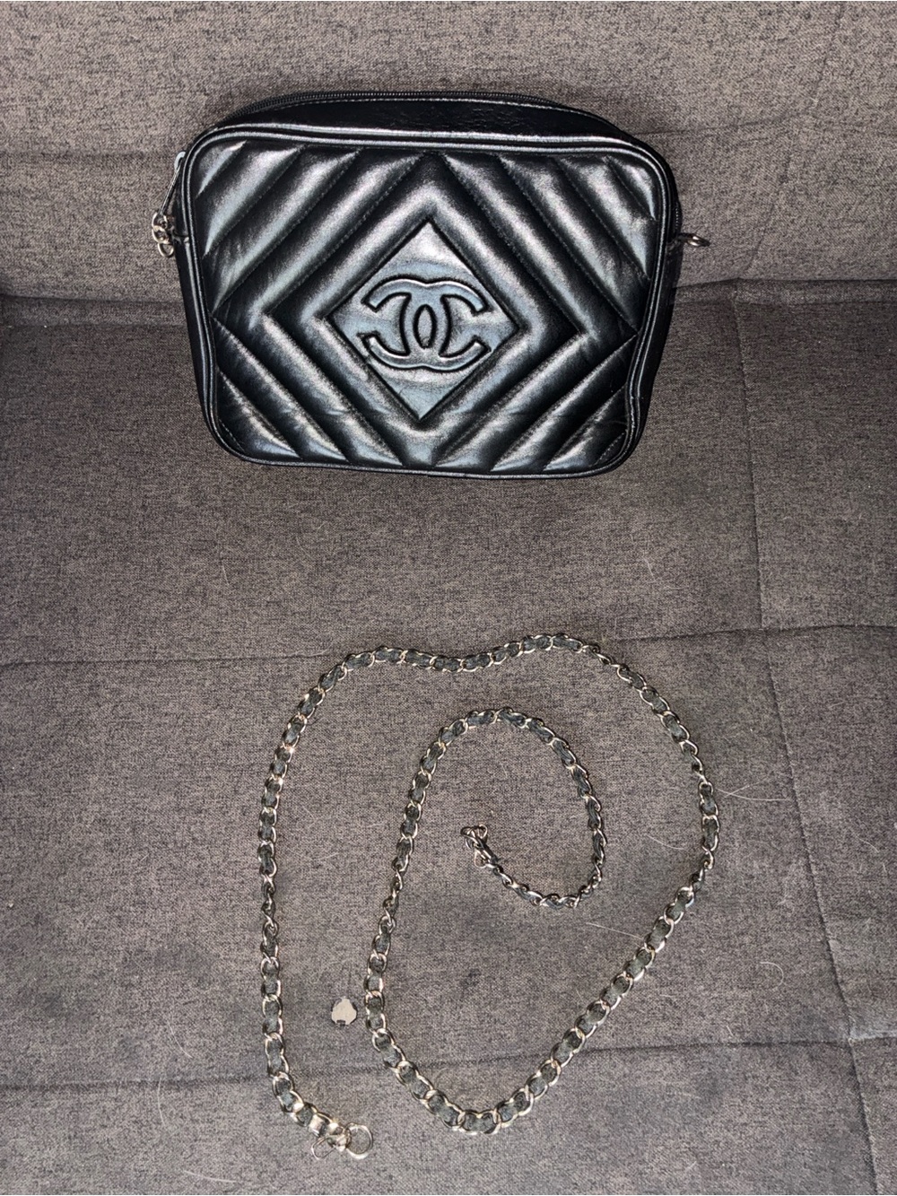 CHANEL Black Quilted Chevron Camera Crossbody with Chain Strap - Picture 9 of 11